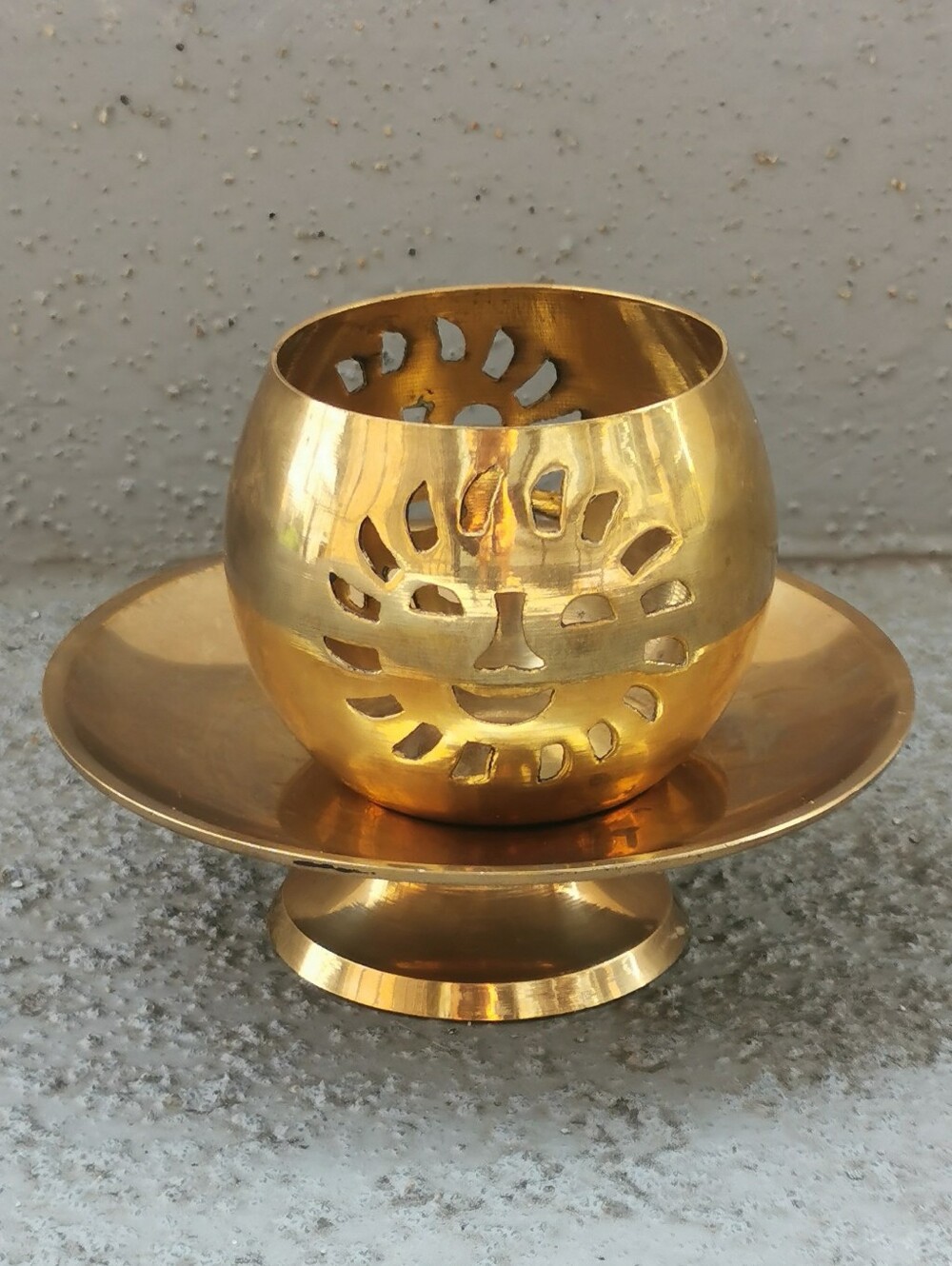 Vintage Solid Brass Pedestal Tealight Candle Holder | Sunburst Cutout Decor